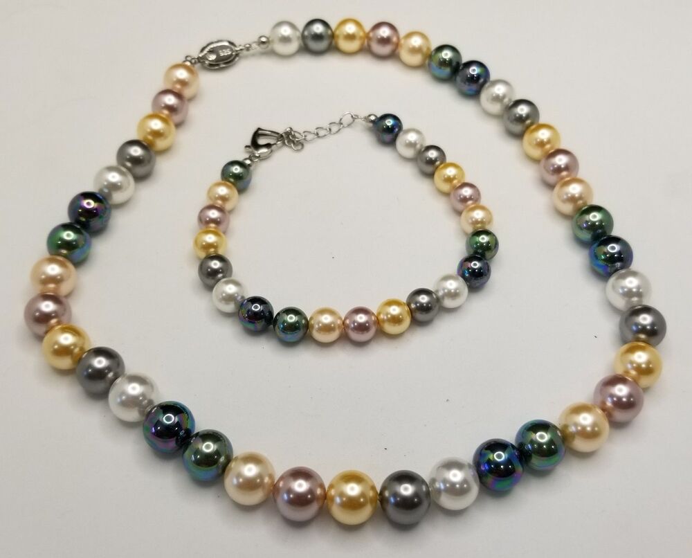 Multicolor Faux Pearl Necklace & Bracelet Set • Sterling Clasp • Gift Bag